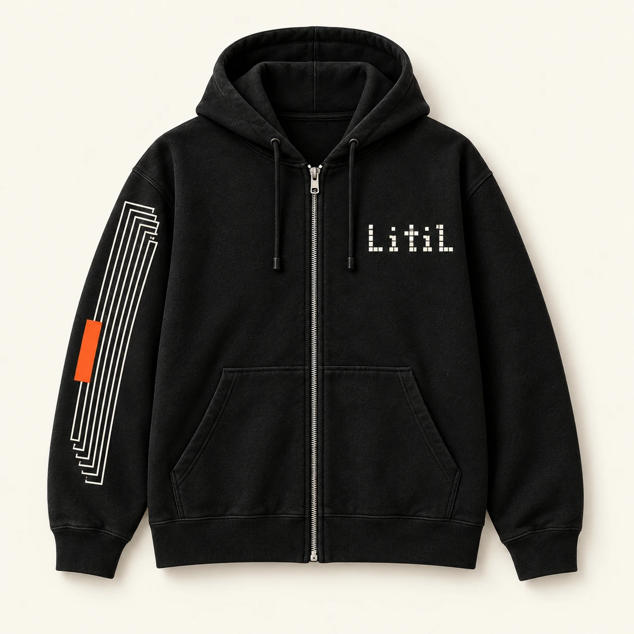 Front of the black Folio zip hoodie with a prominent ivory LiTiL chest logo, stacked document-page sleeve outlines, and orange page marker