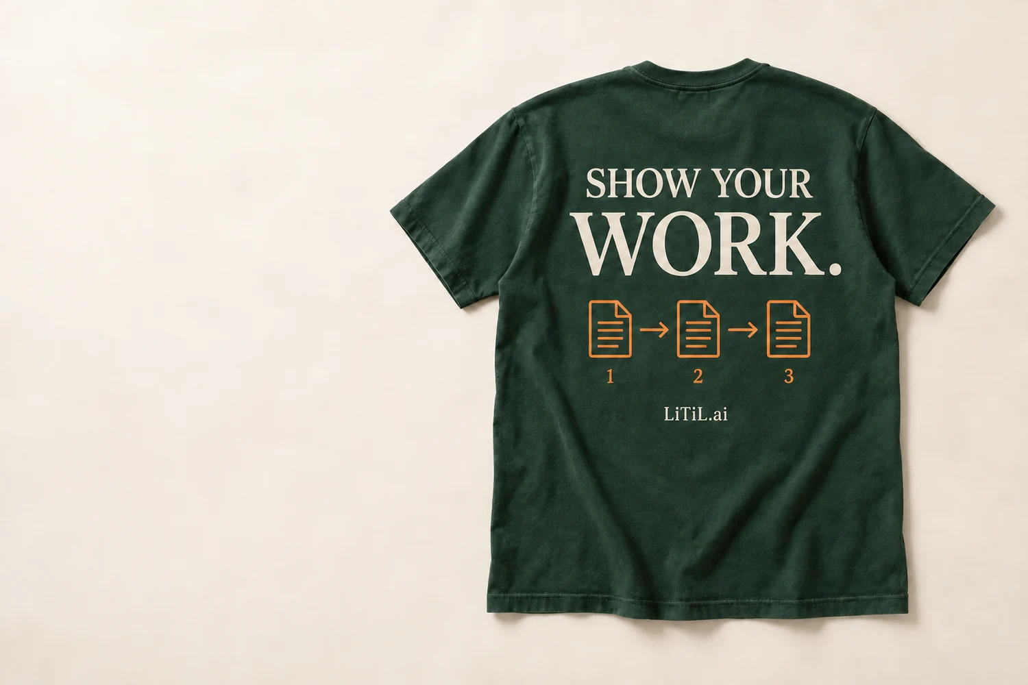 Forest-green Show Your Work tee with ivory text and three orange document outlines