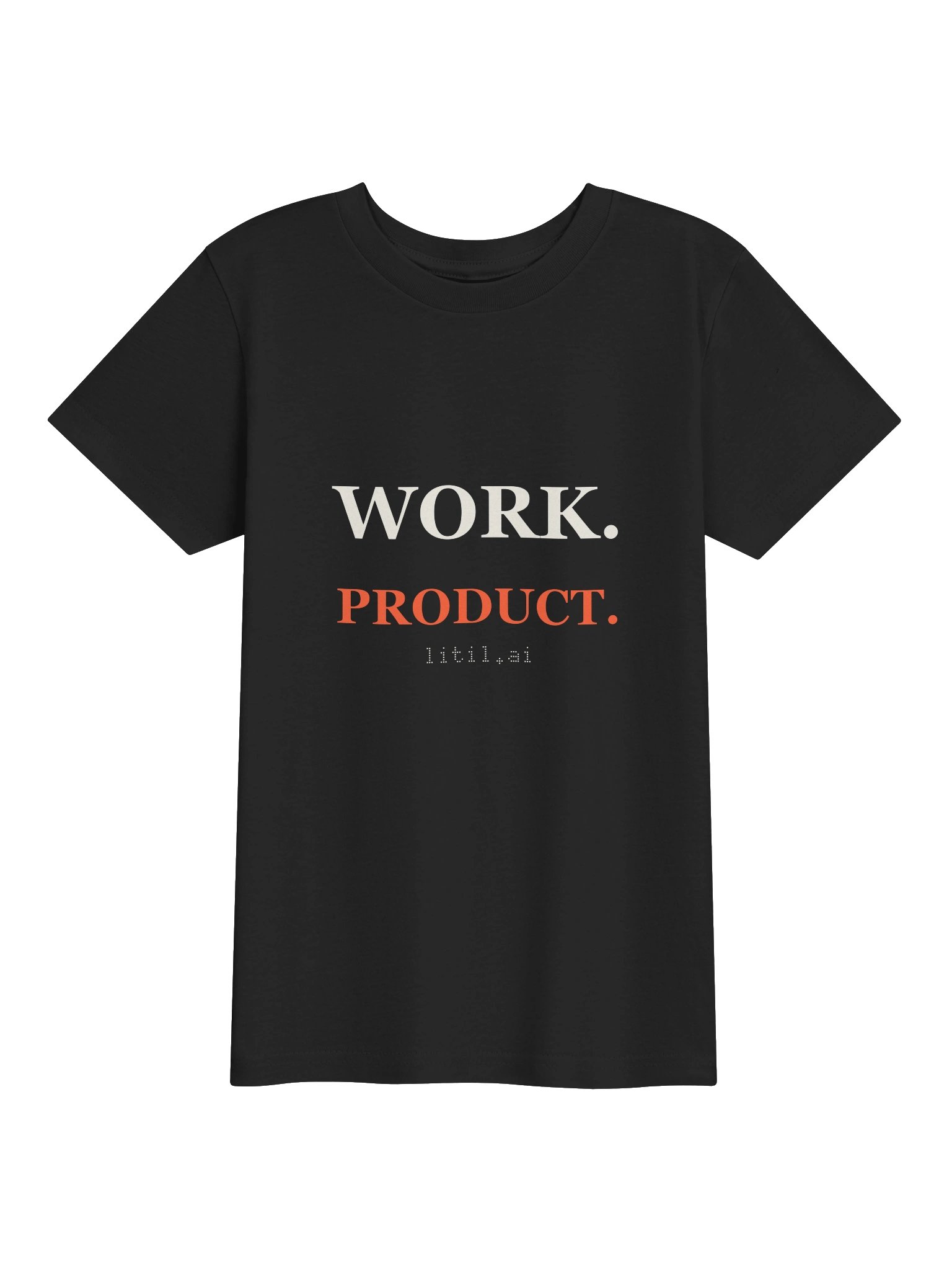 Front of the black youth Work. Product. tee with ivory and orange print