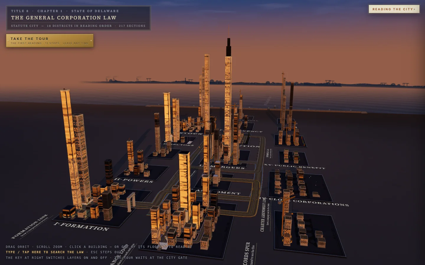 A dark three-dimensional city built from sections of the Delaware General Corporation Law